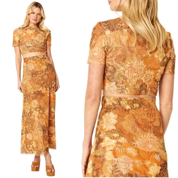 Misa Los Angeles Rumer Crop Top in Golden Batik Floral Mesh Size Medium NWT - Picture 3 of 5